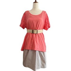 Coral Lace Yoke Blouse Soft Cotton Blend Top Feminine Textured Summer Style XL